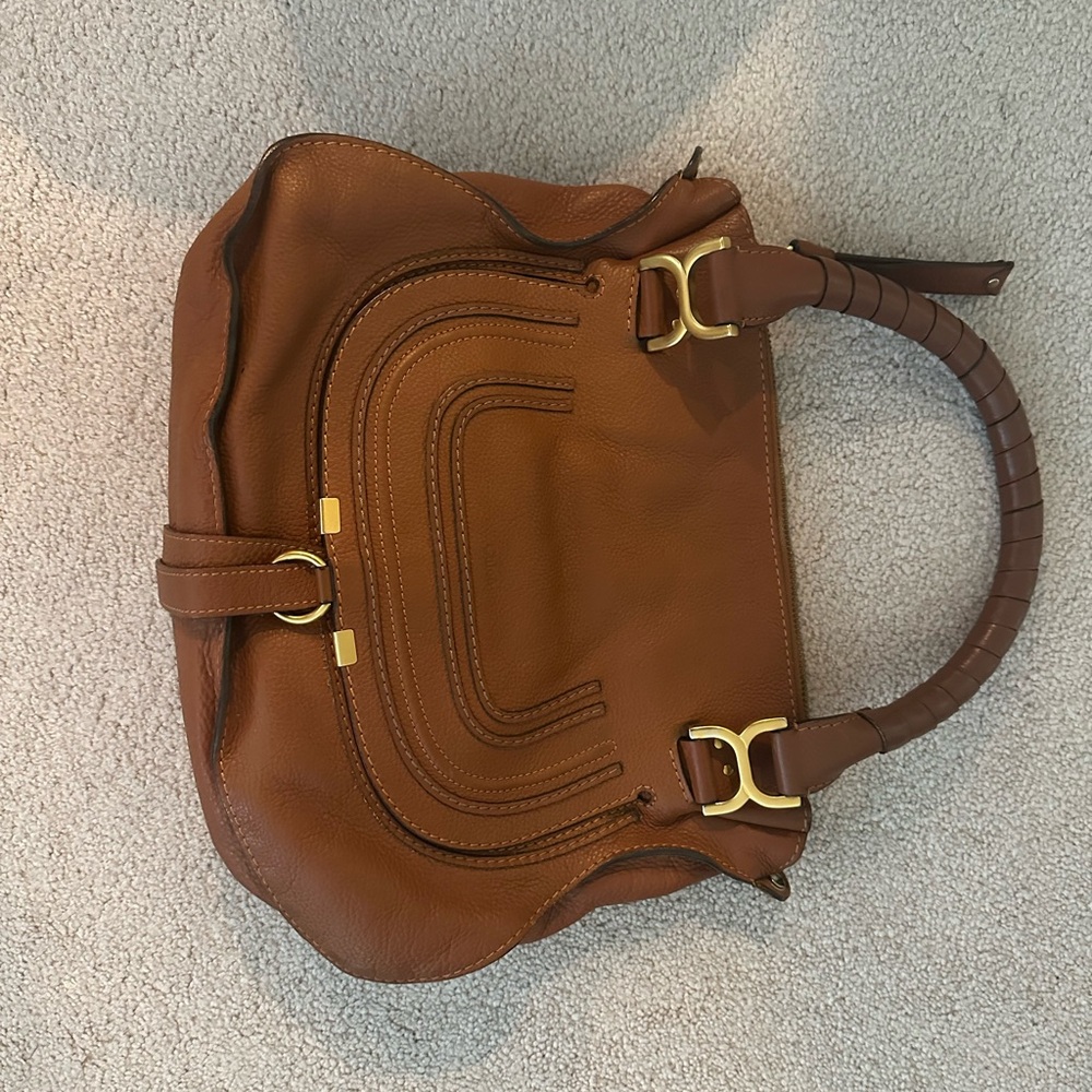 Chloe Marcie Brown and Gold Shoulder Bag with Leather and Gold-Tone Hardware